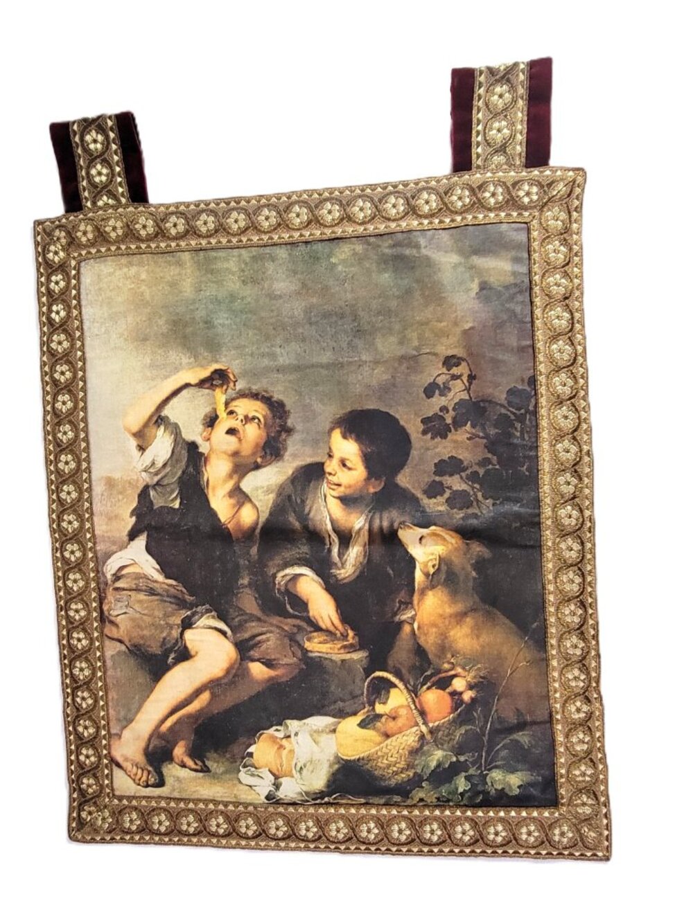 Vtg Murillo "The Pastry Eaters" Wall Tapestry Hanging Velvet Trim 22.75"x19"